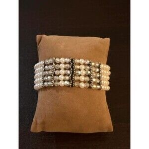Kissaka Signed 5 Strand Faux Pearl AB Crystal Bracelet Silver Tone Vintage